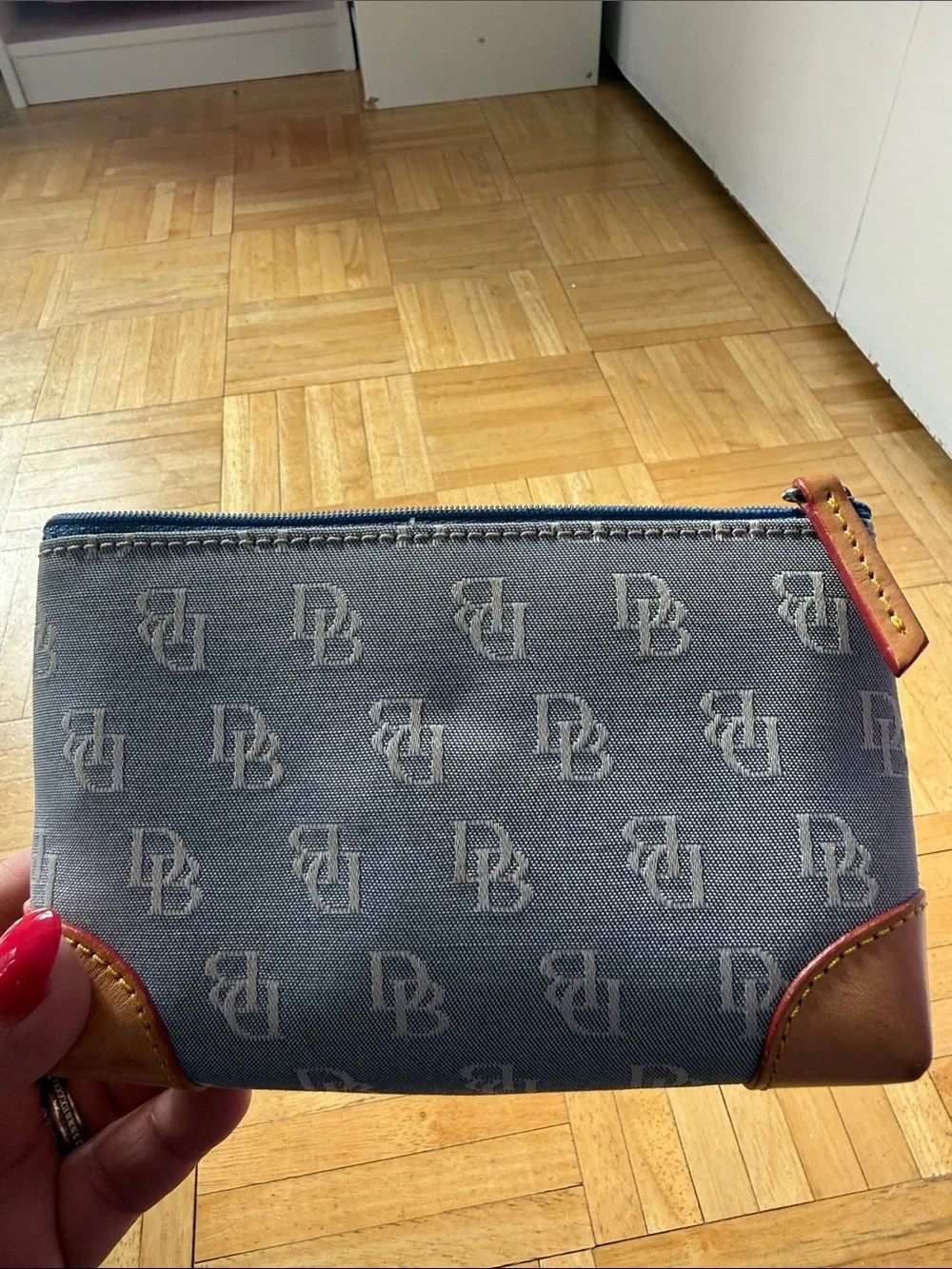 Gray Monogram Zip Pouch with Brown Trim